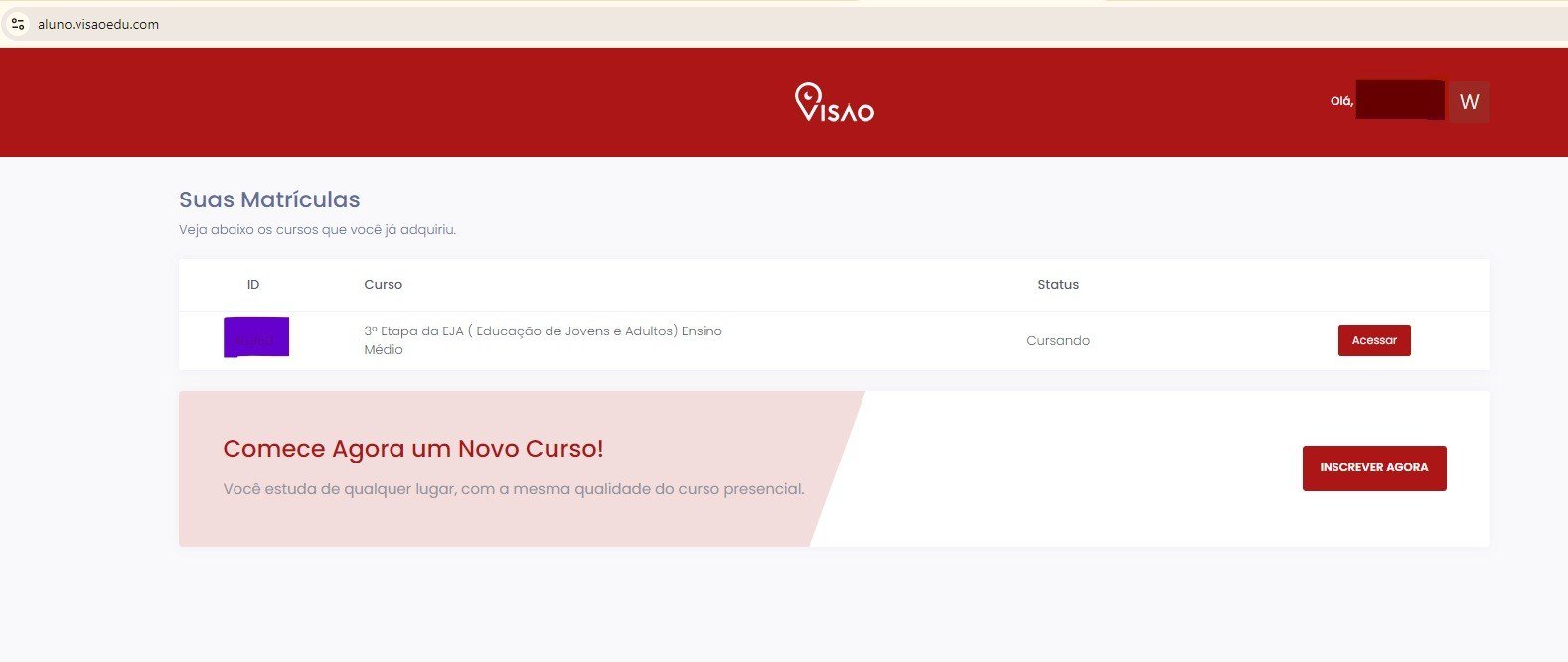 Tela de matrículas do Portal do Aluno EJA